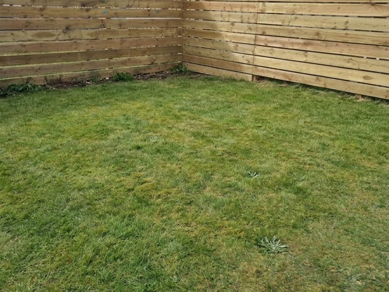 A flat back garden of grass behind a new horizontal slatted fence, before any decking is built
