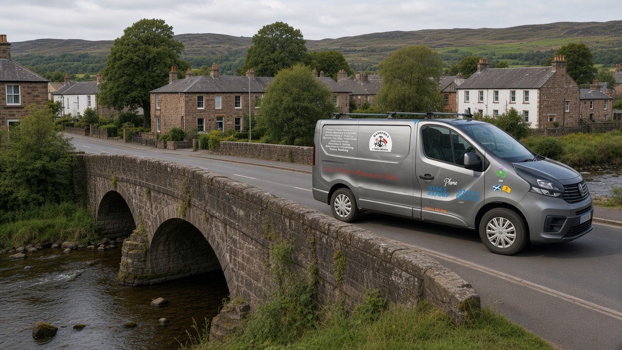 The Handyman 2 Your Rescue van crossing an old stone bridge into an Ayrshire town, with terraced houses and hills behind.