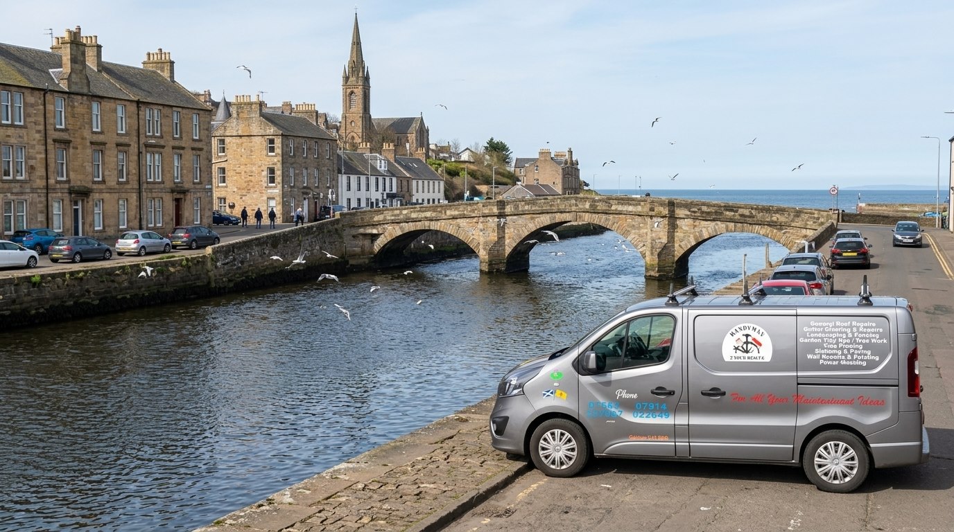 The Handyman 2 Your Rescue van beside the old stone bridge over the river in Ayr, South Ayrshire, with the sea beyond.