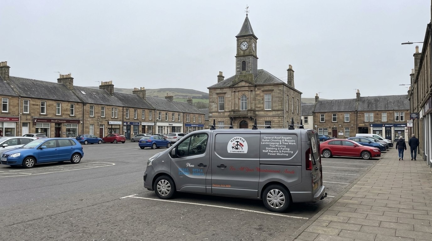 The Handyman 2 Your Rescue van in the square at Cumnock, East Ayrshire, in front of the stone town hall and its clock tower.