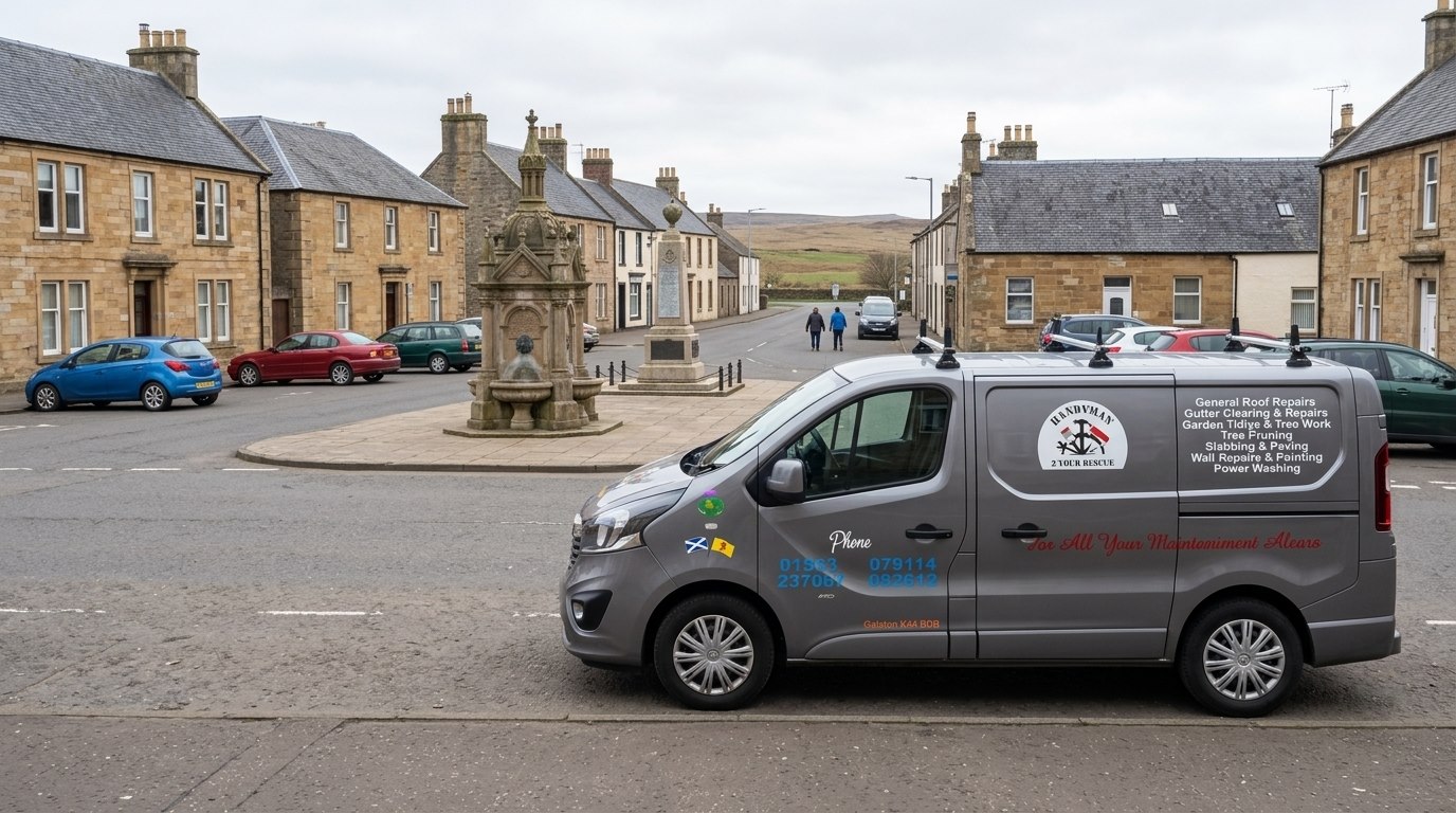 The Handyman 2 Your Rescue van at the square in Darvel, East Ayrshire, beside the memorial fountain with open moorland beyond the town.