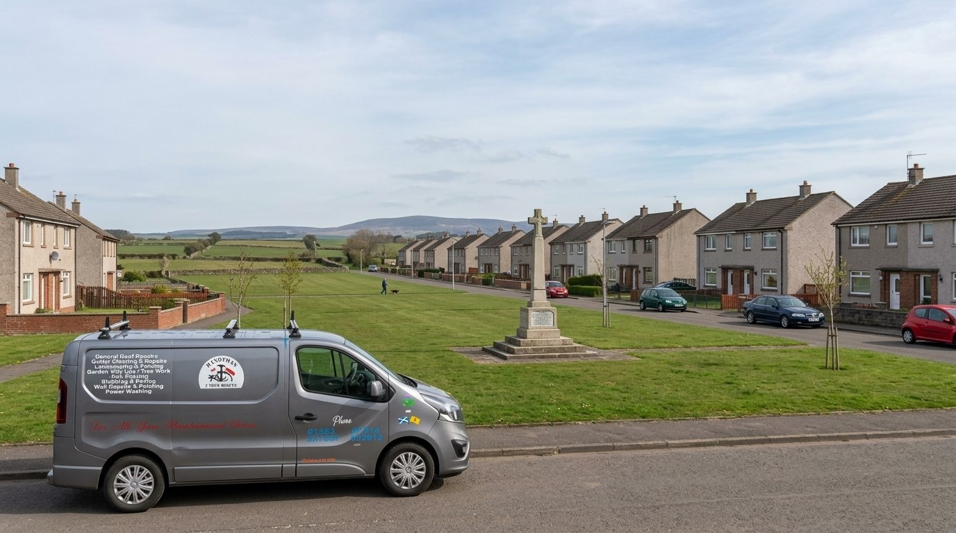 The Handyman 2 Your Rescue van by the war memorial green in Drongan, East Ayrshire, with farmland beyond the houses.
