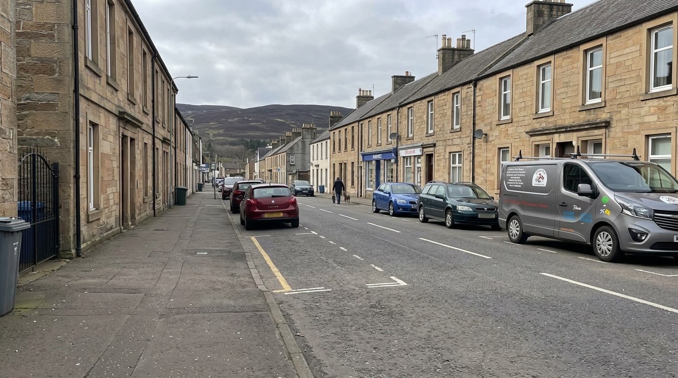 The Handyman 2 Your Rescue van parked on the main street in Galston, East Ayrshire, with the moorland hills beyond the sandstone terraces.