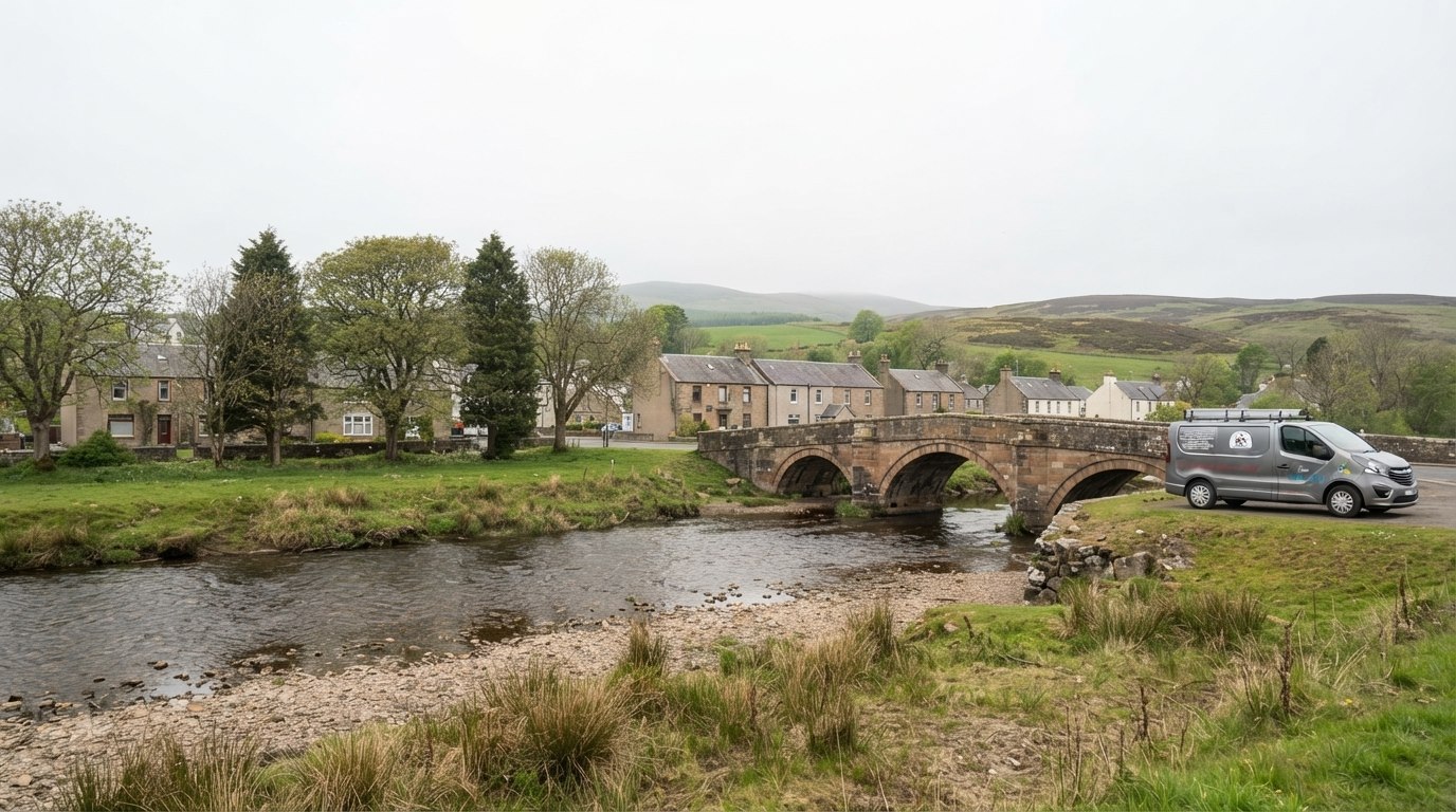 The Handyman 2 Your Rescue van at the roadside by the old stone bridge in Hurlford, East Ayrshire.