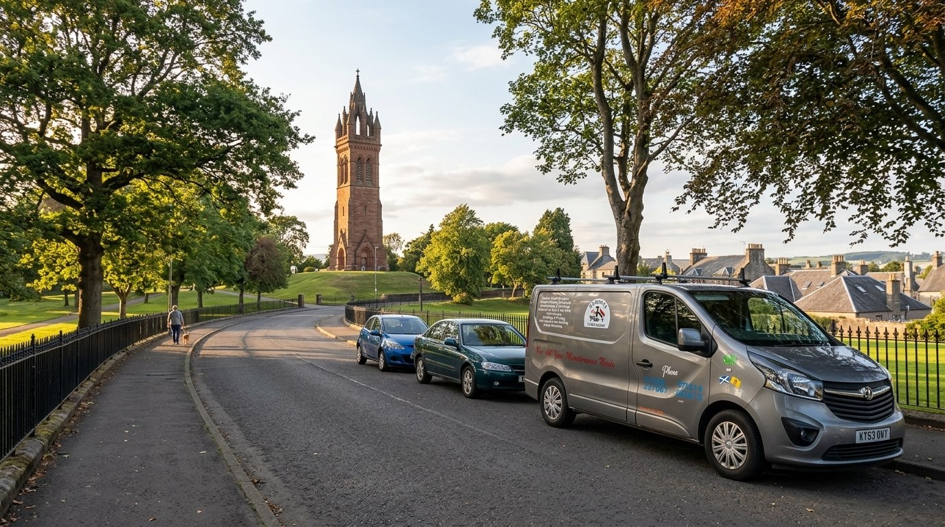 The Handyman 2 Your Rescue van parked by the park in Kilmarnock, East Ayrshire, below the red sandstone memorial tower.