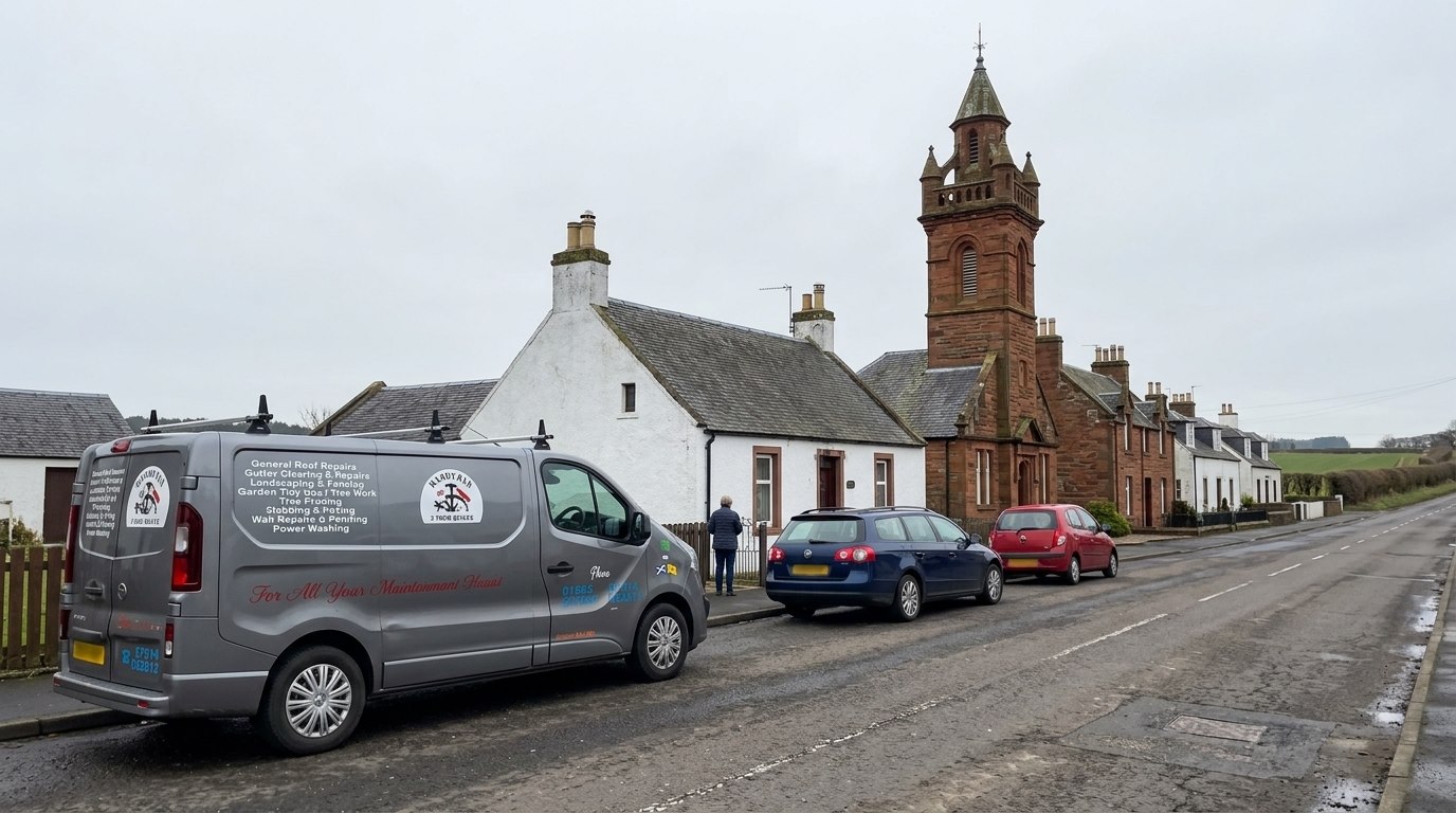 The Handyman 2 Your Rescue van on a village street in Mauchline, East Ayrshire, by the red sandstone tower with farmland beyond the houses.