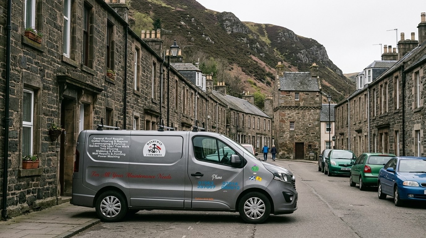 The Handyman 2 Your Rescue van on a narrow street of stone terraces in Newmilns, with the Irvine valley hillside rising behind the rooftops.