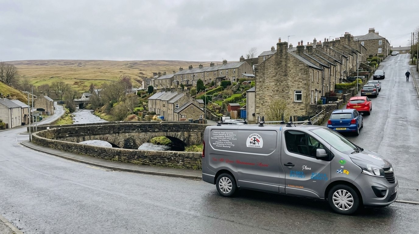 The Handyman 2 Your Rescue van by the old stone bridge in Patna, East Ayrshire, with the terraced rows climbing the hillside above the River Doon.