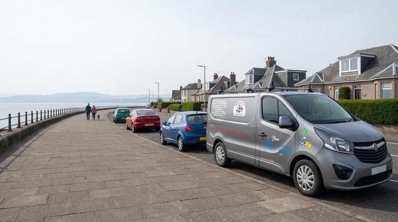 The Handyman 2 Your Rescue van on the seafront at Prestwick, South Ayrshire, looking out over the Firth of Clyde.