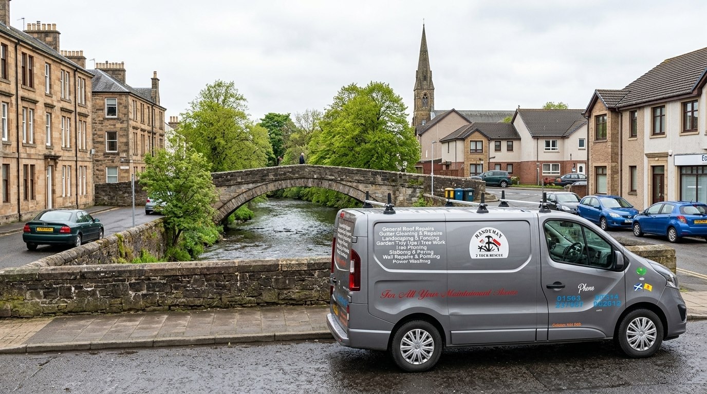 The Handyman 2 Your Rescue van by the old stone bridge in Stewarton, East Ayrshire, where the business is based.